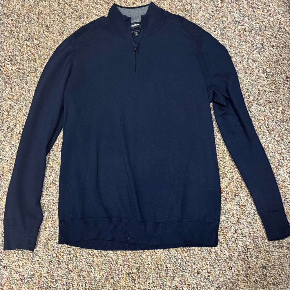 Express Men's Dark Blue Navy Quarter Zip Zip-Up Merino Wool Blend Sweater